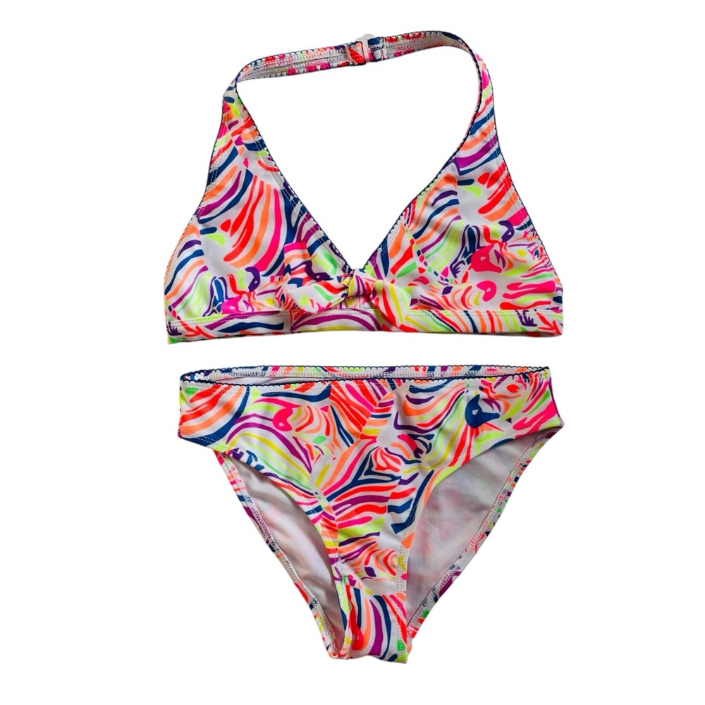 JANTZEN Two Piece Halter Bikini Swimsuit Vibrant Neon Print Girls Size 16